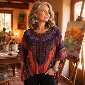 Bob Mackie Wearable Art Womens Large Southwestern Dashiki Print Metallic Poncho